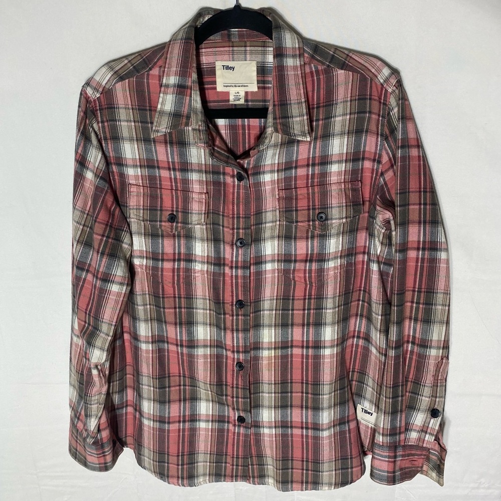 Tilley Pink Grey White Plaid Cotton Long Sleeve Casual Button Up Shirt L